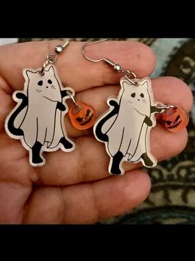 Ghost Cat Dangle Earrings with Orange Pumpkin Charm